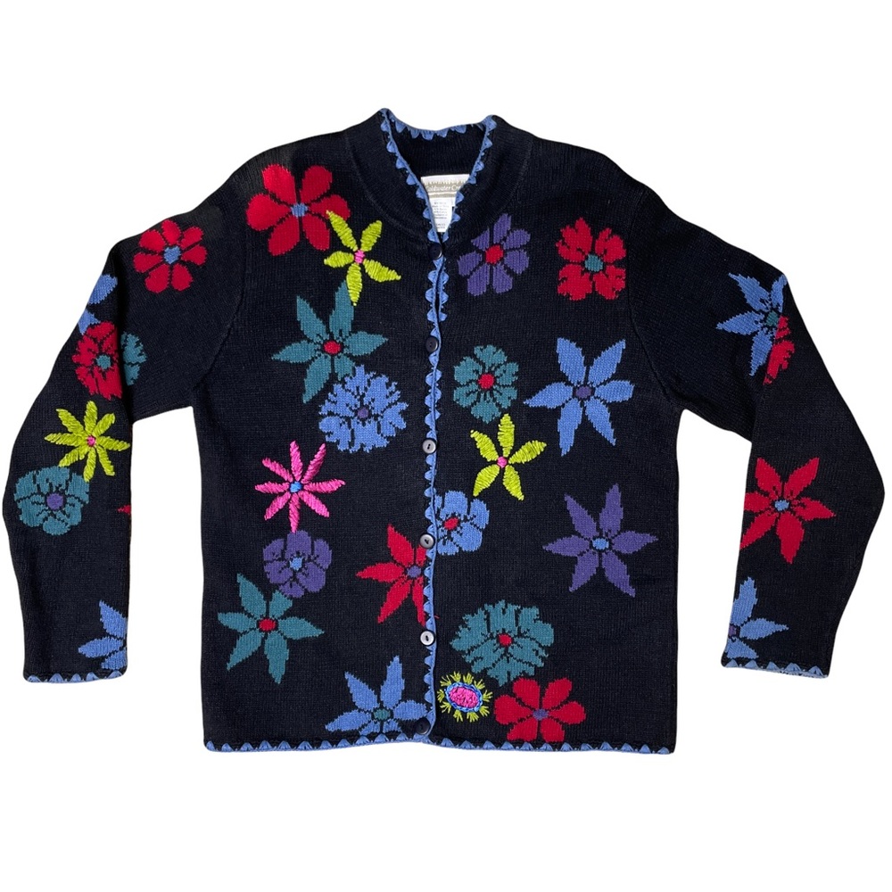 Coldwater Creek M Black multi color embroidered floral cardigan colorful button